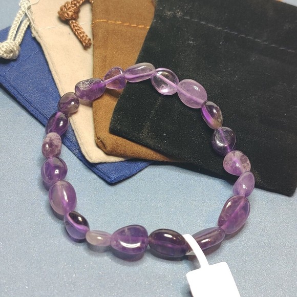 DARK AMETHYST STRETCHY NUGGET BRACELET NATURAL STONE w/ FREE FELT POUCH-NB25 - Picture 6 of 8